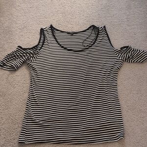Ambiance Black and White Striped Cold-Shoulder Tank Top